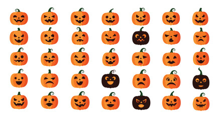 Obraz premium Collection of orange jack o lantern pumpkins with different carved facial expressions arranged in a grid for halloween design.