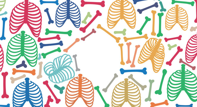 Colorful pattern of human rib cages and various bones scattered randomly over a white surface creating a vibrant medical illustration.