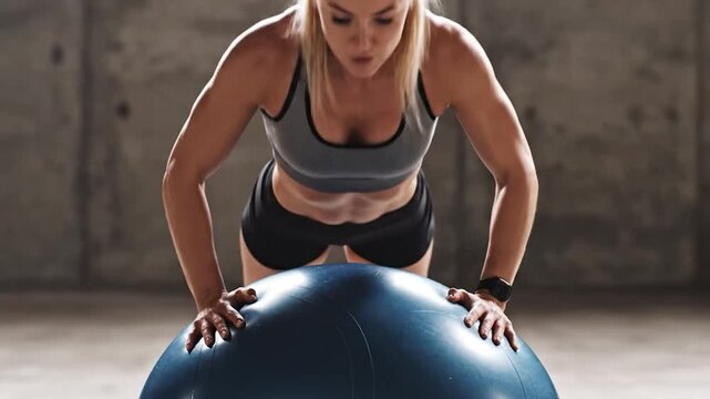 Athletic woman performing push-ups on blue fitness ball.