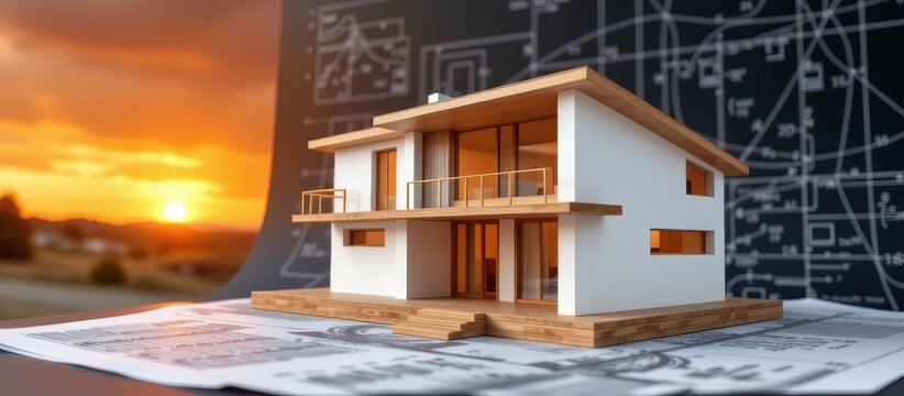 Modern house model on architectural plans with sunset and blueprint background