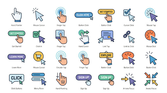 Click here icon set for website app design development and modern user interface navigation elements