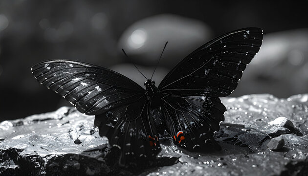 black butterfly on wet rocks with water drops