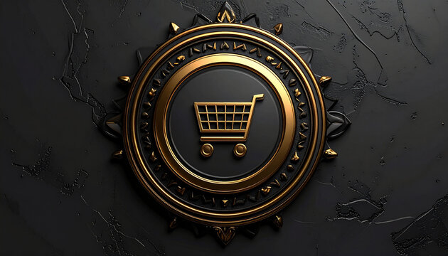 Golden shopping cart icon on dark textured background