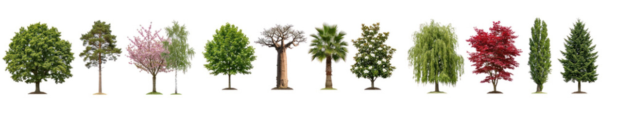 Obraz premium A row of trees is displayed against a png transparent. The trees vary in species and color, showcasing different stages of growth and seasonal foliage.
