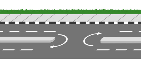 U turn lane on highway road with white arrow signs and central median divider side view background © Ahmad