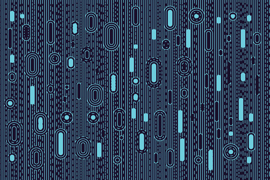 Abstract pattern of teal oval and circular shapes on dark blue vertical stripes background