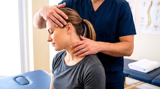 Professional male physiotherapist treating a young woman's neck and spine on a massage table, focusing on musculoskeletal health, cervical pain relief, and improving joint mobility.