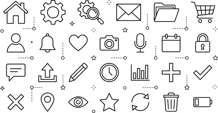 Minimalist web user interface outline icon set containing home settings profile mail shopping cart calendar and menu elements