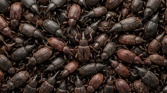 Dense crowd of grain weevils clustered together creating a textured pattern of brown insects with elongated snouts captured in a macro top down view