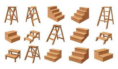 Wooden ladders and step stools collection isolated vector illustration © md