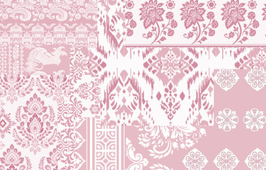 Romantic ethnic floral patchwork pattern with traditional ikat, damask, and paisley motifs on dusty rose pink and white background, seamless vector textile design © Thitichot