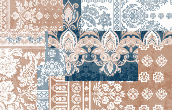 Vintage ethnic floral patchwork pattern with traditional damask, paisley, and ornate borders on terracotta and indigo blue background, seamless vector textile design