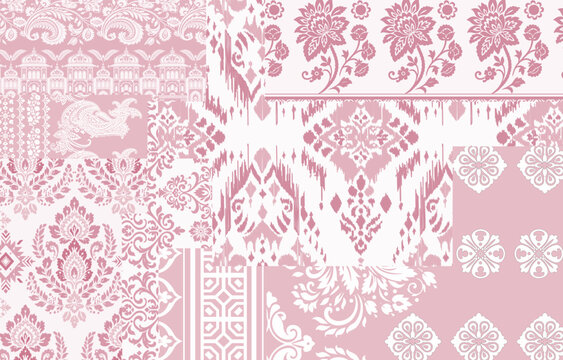 Romantic ethnic floral patchwork pattern with traditional ikat, damask, and paisley motifs on dusty rose pink and white background, seamless vector textile design