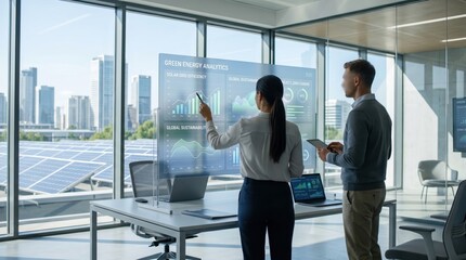 Fototapeta premium Two professionals analyzing green energy analytics and solar grid efficiency on transparent holographic screen in futuristic office, sustainable technology concept