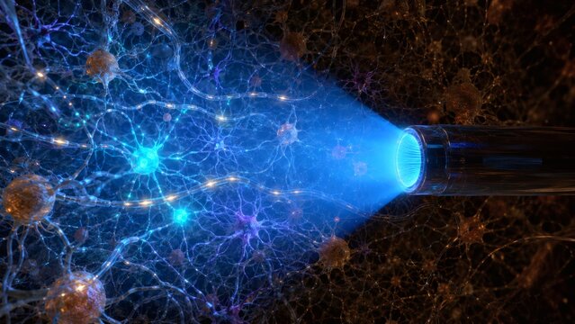 Optogenetics Neural Activation With Fiber Optic Probe Delivering Blue Light In Brain Tissue, Channelrhodopsin Driven Synaptic Signaling And Cognitive Longevity Neuroscience Technology Visualization