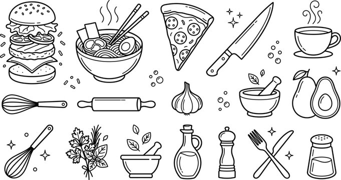 Culinary kitchen cooking utensils and fast food line icon set with burger noodles pizza avocado mortar pestle vector