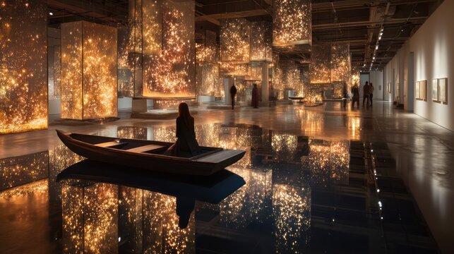 A woman in a small boat navigates a luminous art installation, with visitors in the background