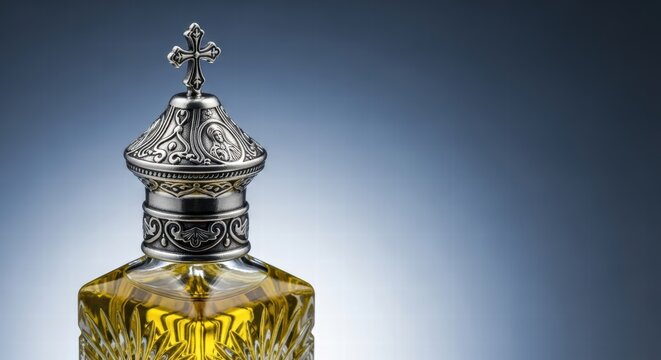 Ornate holy oil vessel with cross and religious iconography on cap