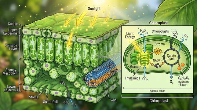 A detailed cross-section view of plant cells shows chloroplasts floating freely with DNA double helix structures inside leaf tissue under sunlight.