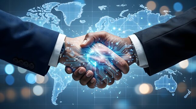 Businessman handshake after a great deal with global technology background