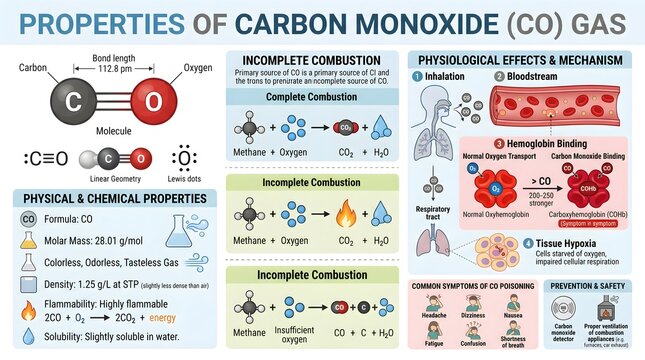 Properties of Carbon Monoxide (CO) Gas: Physical and Chemical Data, Incomplete Combustion Pathways, Physiological Effects on the Body, Mechanism of Hemoglobin Binding, Tissue Hypoxia and Key Safety In
