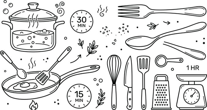 Kitchen cooking utensils line art set with boiling pot frying pan scale whisk knife fork spoon recipe design vector