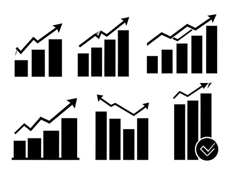 Black bar charts with ascending and descending arrows illustrating financial performance and data trends against a white background