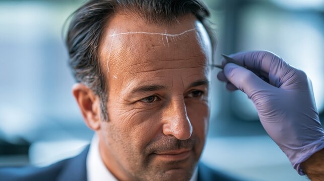 Professional doctor marking male patient's forehead for hair restoration surgery