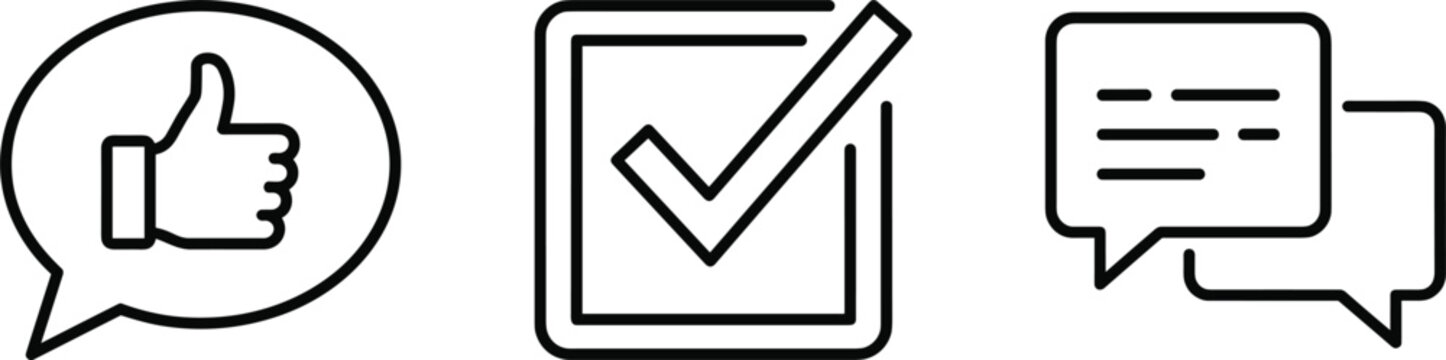 Social media feedback thumbs up icon speech bubble checkmark square box and text chat bubble customer service vector