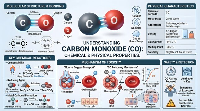 Understanding Carbon Monoxide (CO): Chemical and Physical Properties, Molecular Bonding, Key Redox Reactions, Mechanism of CO Poisoning, Health Effects, Safety Hazards and Detection Concepts in a Sing