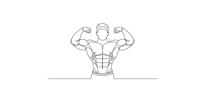 A muscular man flexing his arms and showing his biceps and six pack abs in a simple line drawing style on white background