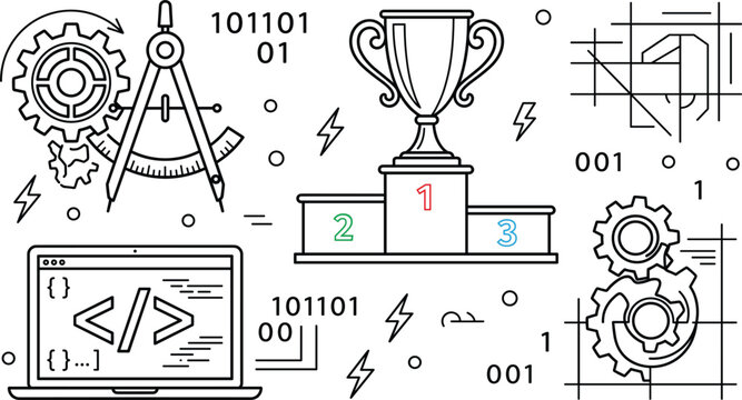 Software development hackathon success icon set with laptop programming code trophy on podium engineering compass gear vector illustration