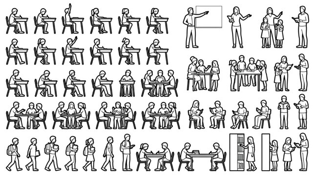 Vector line art collection of school students and teachers in classroom studying sitting at desks reading books and raising hands for educational architectural rendering entourage design elements