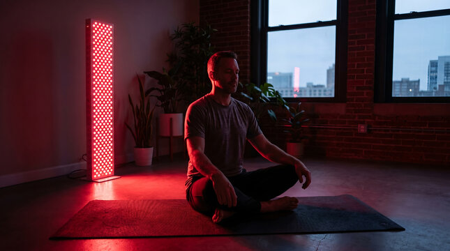 Mid adult man in grey t-shirt, with tall glowing red LED light panel, meditating in lotus position with eyes closed, dim urban loft apartment, wellness photography