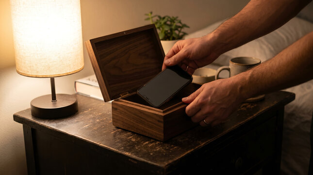 Man hands holding smartphone, placing device into wooden lock box, setting it down on wooden nightstand, cozy bedroom with warm lamp lighting, lifestyle concept photography