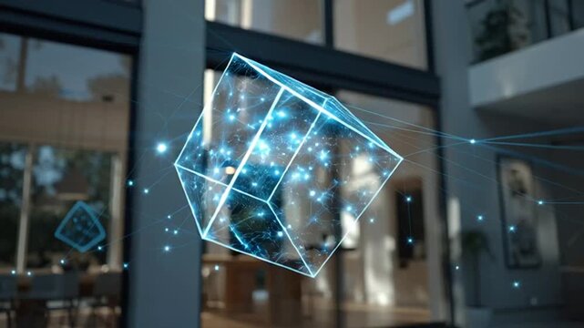 Abstract digital cube hologram with connections data visualization in modern interior