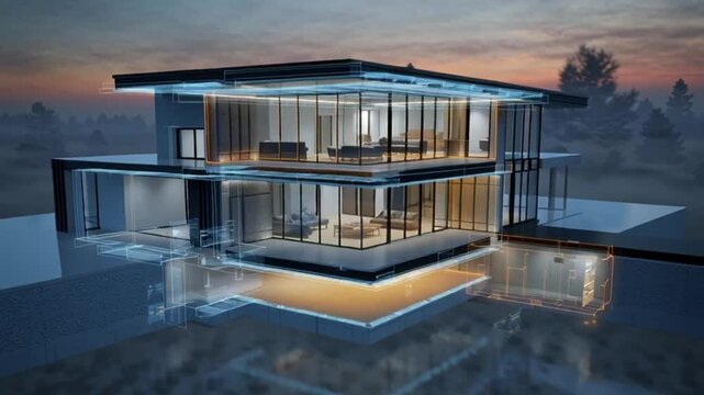 futuristic luxury modern house architectural rendering visualization with dynamic lighting effects