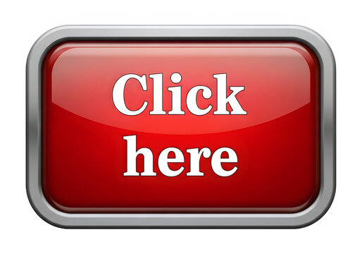 A vibrant red button with a glossy finish and the text click here written on it. isolated on transparent background