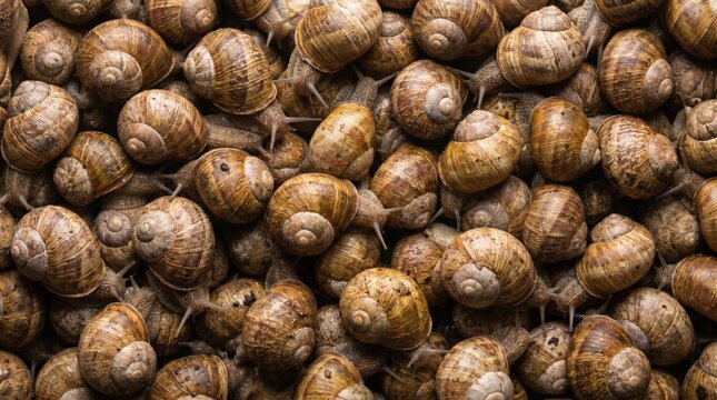 A dense cluster of brown shelled garden snails with visible antennae and bodies filling the frame escargot