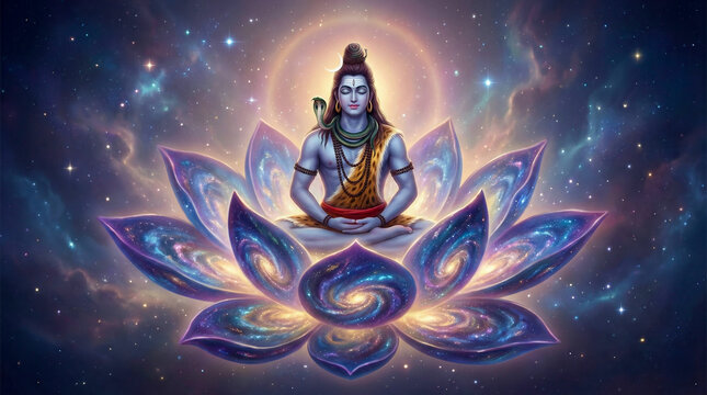Shiv in Dhyan Mudra floating on a cosmic lotus, surrounded by faint stars and gentle cosmic glow, dreamy ethereal atmosphere, high-resolution wallpaper
