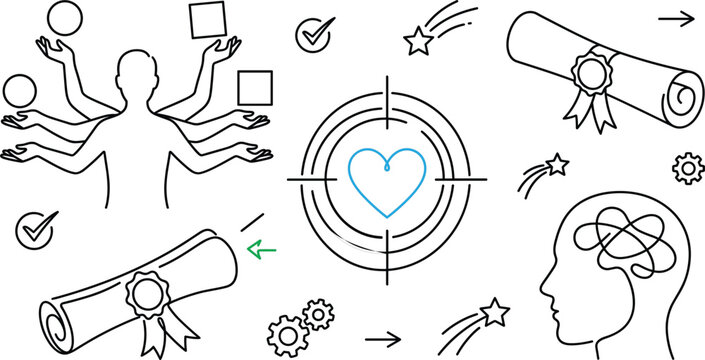 Business multitasking skill development and mental wellness concept icons set with target diploma certificate multitasking man vector