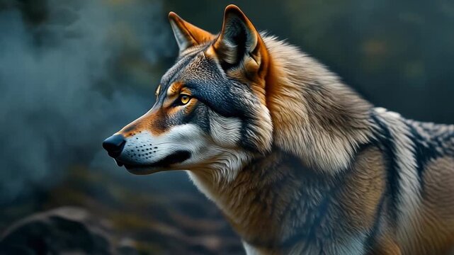 Close-up of a majestic wolf with striking golden eyes in a misty forest