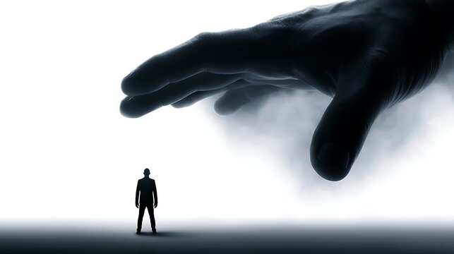 A small human silhouette faces the intimidating concept of a looming, colossal hand, representing themes of immense power, control, and human vulnerability