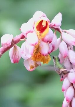 Hummingbird Feeding on Shell Ginger Flowers in Tropical Garden