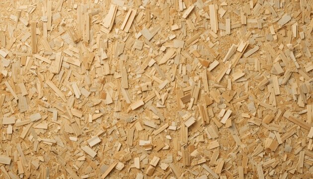 A closeup view of a textured surface made from pressed wood shavings and particles in a light brown color