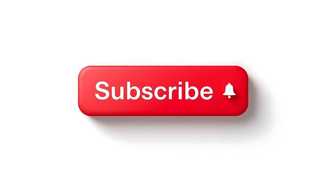 Red subscribe button with bell icon isolated on white background social media user interface call to action flat design