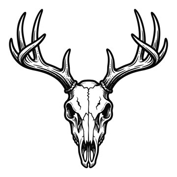 Deer Skull with Large Antlers Illustration.