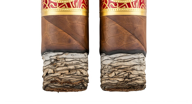 Two premium cigars with ash isolated on transparent background