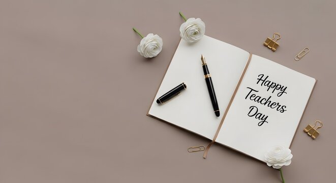 Handwritten Happy Teachers Day note with pen and white flowers on pink background