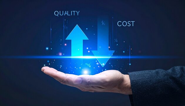 Hand presenting glowing arrows showing quality increase and cost reduction.